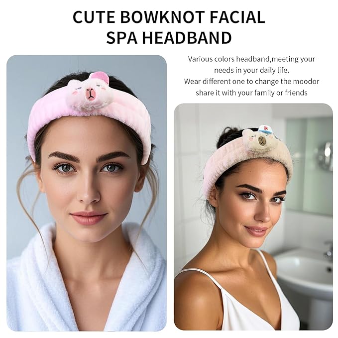 Spa Headband for Washing Face, 2 Pack Cute Halloween Hair Band for Shower Yoga Beauty, Fluffy Makeup Headband, Kawaii Facial Headbands for Woman Girls, Pink+Beige Capybara