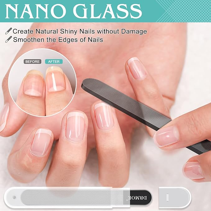 Glass Nail File Buffer with Case - 5PCS Nail Buffer and Nail Shiner Kit Glass Cuticle Pusher Nail Care for Men Women Nail Files for Natural Acrylic Nails Fingernail Files Manicure Tool