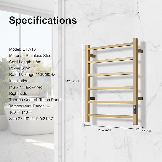Electric Heated Towel Warmer - Wall Mounted Bathroom Towel Rack, Plug-in Design & Gold Brushed Stainless Steel 6 Bar Gold with Timer & Temperature Control
