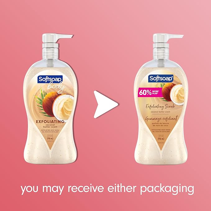 Softsoap Body Wash Pump, Coconut Butter Scrub, Exfoliating Body Wash, WHITE (Package May Vary), 32 Ounce (Pack of 2)