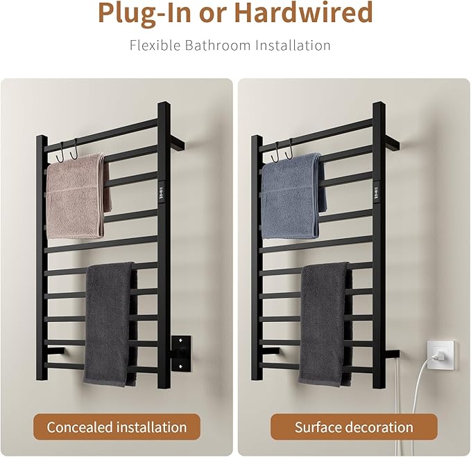 Wall Mounted Towel Warmer Square 10 Bars with Plug-in and Hardwired Options 3 Working Modes Black Stainless Steel 21" W 34" H