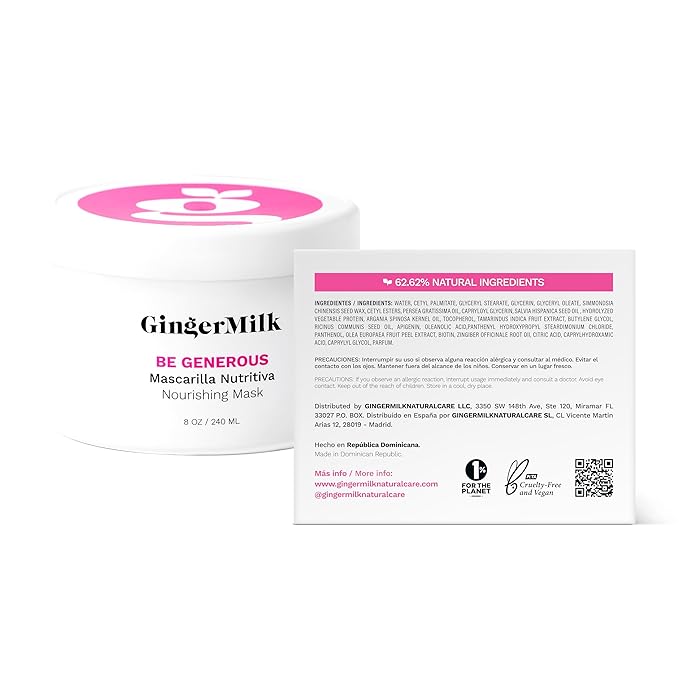 Deep Repair Hair Mask for Dry, Damaged & Curly Hair – Hydrating Hair Mask with Castor Oil, Biotin & Ginger Milk – Sulfate Free Hair Mask for Color Treated Hair – Be Generous by Ginger Milk – 8 oz