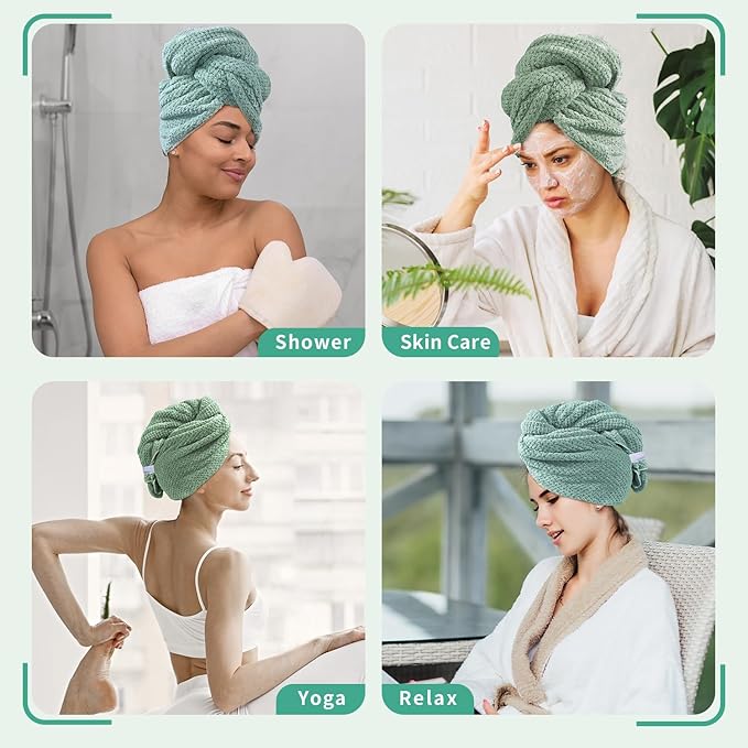 my novel things 2 Pack Extra Large Microfiber Hair Towel Wrap, 37.4" x 26.4" for Women, Super Absorbent & Quick Dry Hair Towel with Elastic Strap for Curly Hair Green Gift for Women Men Girls Friends