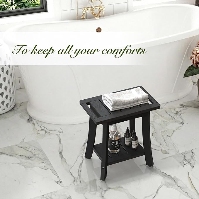 HIPS Shower Bench Inside Shower Stool with Storage Shelf, Waterproof Spa Bath Chair for Bathroom, Seat or Organizer for Living Room, Bedroom - Great for All Ages Unisex Elderly (Small, Black)