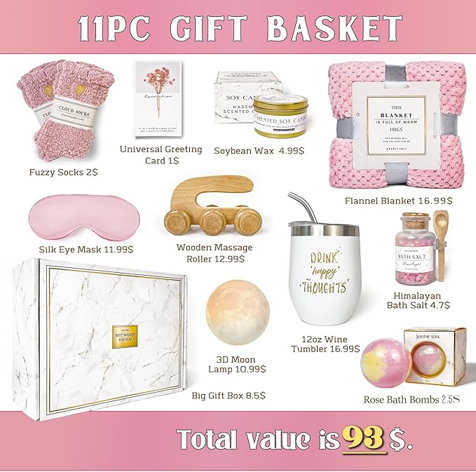AHAGIFTREE Birthday Gifts,self Care,11PC Care Package with Moon Lamp,Get Well Soon Gift Baskets for Women After Surgery,Condolences Gift Basket for Loss,Sympathy Baskets for Friend,mom (Pink)