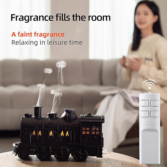 Retro Train Aromatherapy Diffuser 300ML Ultrasonic Cool Mist Humidifier with LED Night Light, Remote Control, Timer, 2 Mist Modes for Home Bedroom Office