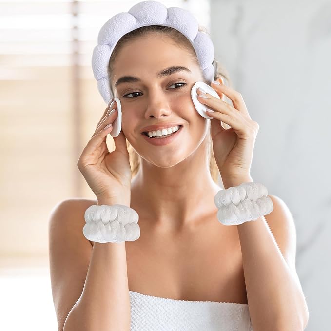 Beleki Spa Headband for Washing Face Wristband Set Sponge Headband Makeup Skincare Face Washing Headband Terry Cloth Bubble Puffy Hairband Non Slip Headwear Hair Accessory for Women - White