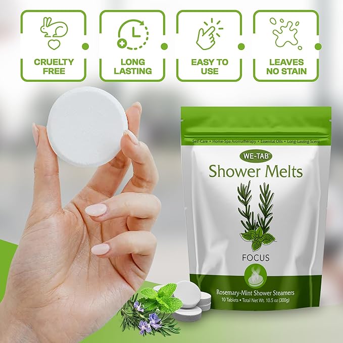 Shower Steamers 10-pk with Essential Oil Aromatherapy to Focus, Long Lasting Rosemary Mint Scent, No Stain or Artificial Dye, for Relaxation, Stress Relief & Self Care