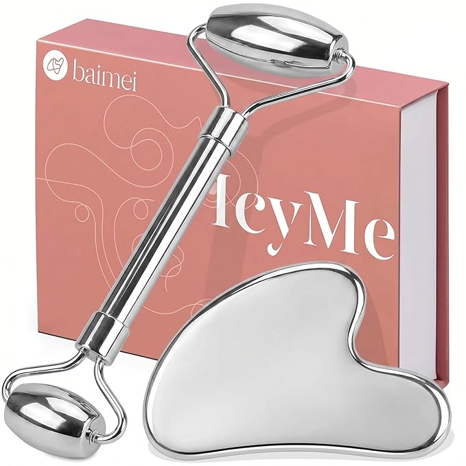 BAIMEI Stainless Steel Gua Sha & Face Roller Set, Facial Massage Tool for Face, Neck and Body, Cooling Metal Skin Care Tools for Depuffing Routine,Self Care Gift for Women