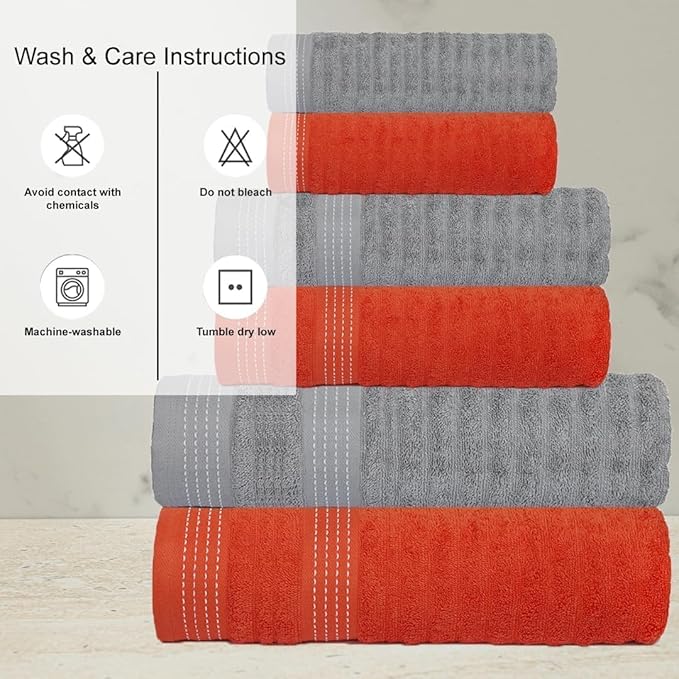 CASA COPENHAGEN Elegance 6Pcs 100% Egyptian Cotton Large Designer Towels Gift Set- Grey Violet-Coral, 550GSM, 2Bath 2Hand 2Washcloths, Bath Towels for Bathroom Set for Women & Men