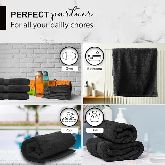KAHAF COLLECTION 100% Cotton Bath Towels, 24x48 Pack of 6 Towels, Quick Dry, Highly Absorbent, Soft Feel Towel, Gym, Spa, Bathroom, Shower, Pool, Luxury Soft Towels (Black, 24x48-6 Pack)