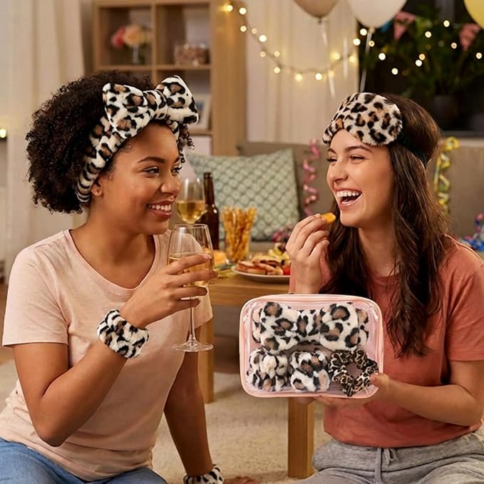Hoteam 10 Pcs Spa Party Supplies Gift for Mother's Day Sleepover Party Favor Spa Headband Wristband Sleep Eye Mask Velvet Scrunchies for Skin Care Makeup Slumber Night Favor(Leopard Print)