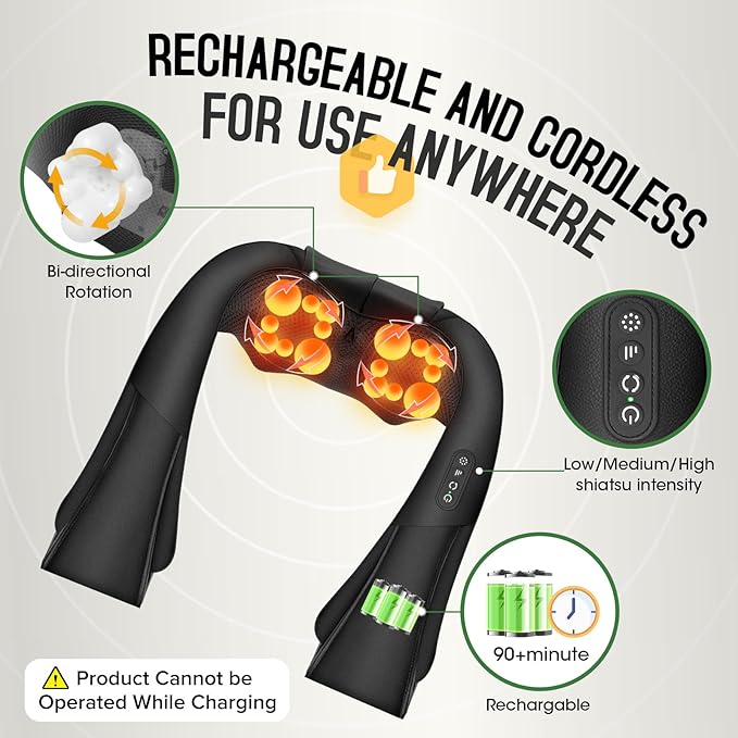 Cordless Shiatsu Neck and Shoulder Massager, Back Massager with Heat ,Massage Deeper Tissue 4D Kneading Massage for Shoulder, Neck and Back, Use at Home, Office, Car - Gifts for Fathers Day Dad Gift