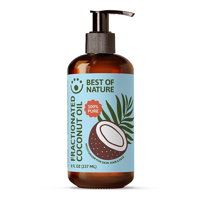 Best of Nature Fractionated Coconut Oil for Face, Hair & Massage – 100% Pure Liquid Coconut Oil for Skin, Unscented Carrier Oil for Essential Oils, Lightweight Body Oil, 8 fl oz Pump Bottle