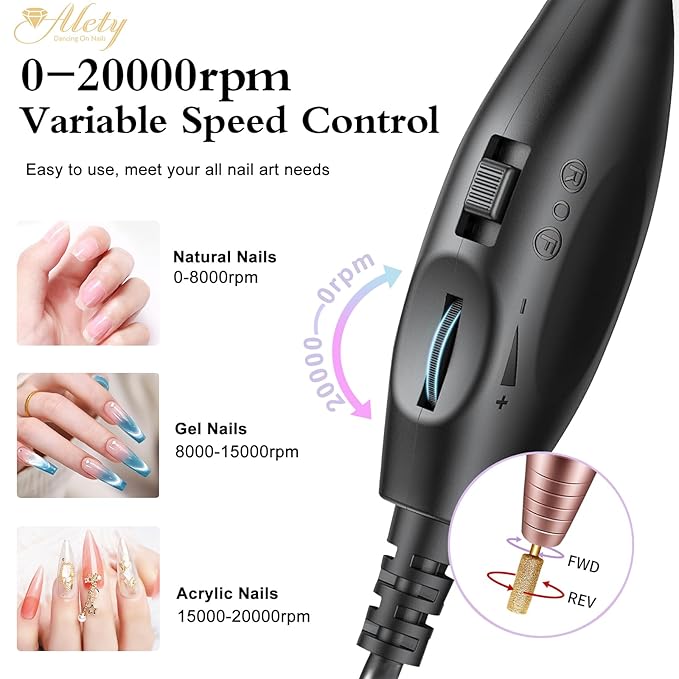 Alety Electric Nail Drill Kit - Portable File for Acrylic Gel Nails, Professional Machine Efile Manicure Pedicure Tools With Gold Drill Bits for Home Salon Use