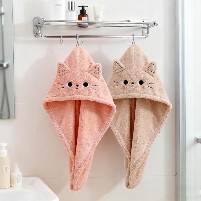 2Pack Microfiber Hair Towel Wrap for Kids, Cute Cat Absorbent Hair Drying Turbans Head Towels for Women Girls (Pink and Khaki Cat)