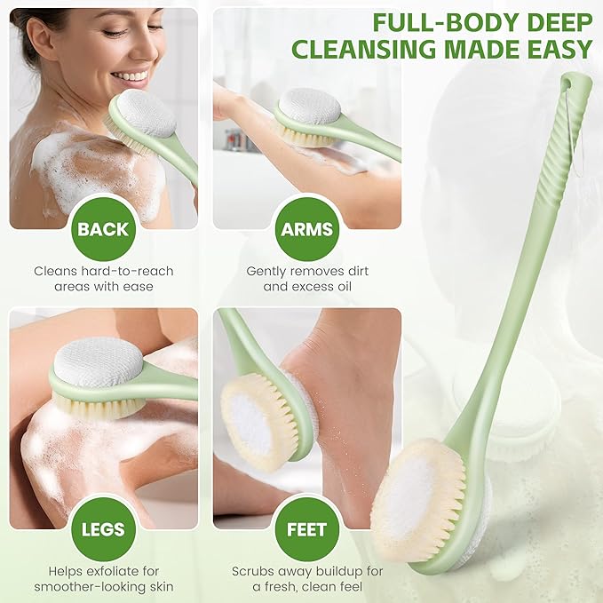 Back Scrubber for Shower with Long Handle, Dual-Sided Bath Brush with Soft Bristles & 150D Exfoliating Cloth, Anti-Slip Grip, Lightweight Back Washer for Shower, Men & Women (Green)