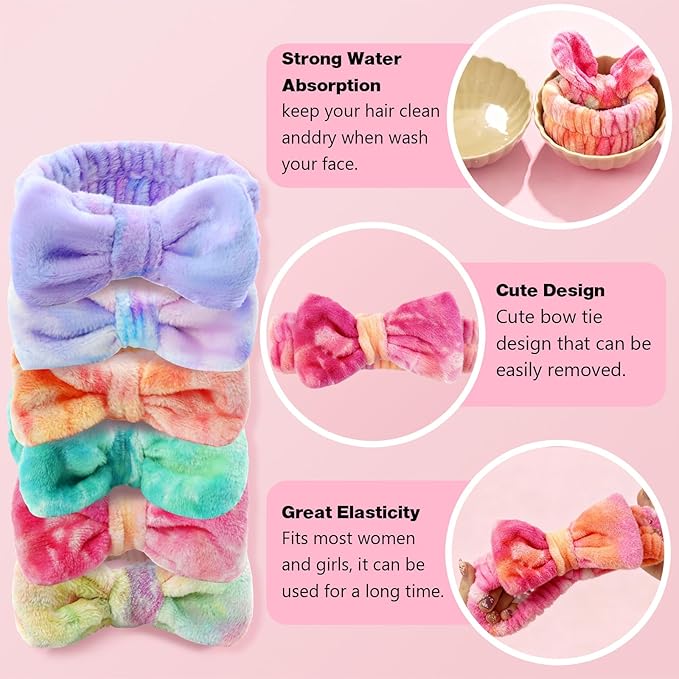6 Pcs Spa Headband for Washing Face,Skincare Headband with Removable Bow,Furry Face wash Headbands,makeup Headbands for Women,Teen,Girls,Christmas Gift