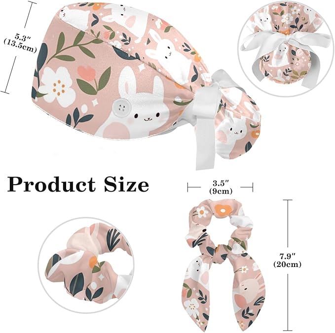 Scrub Caps Women Ponytail Cute Pink and White Leaves Caps Bouffant Working Hat Elastic Tie Back Hats with Button