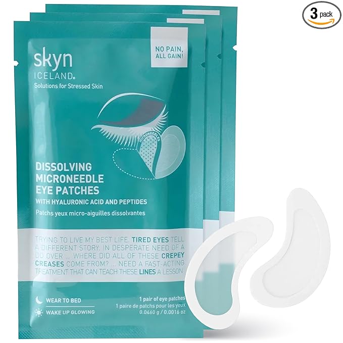 skyn ICELAND Dissolving Microneedle Under-Eye Patches — 39% Hyaluronic Acid & Peptides, No-Slip Overnight Eye Mask, Vegan, All Skin Types, 3 Pairs