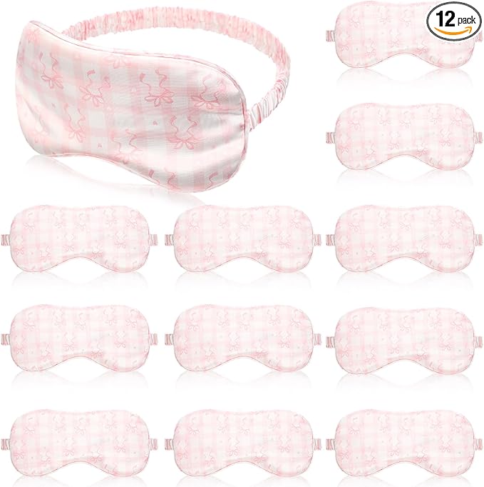 Honeydak 12 Pcs Silk Sleep Masks for Women Girls Pink Bow Party Favors Adjustable Eye Masks for Birthday Sleepover Spa Sweet 16 Party Gifts