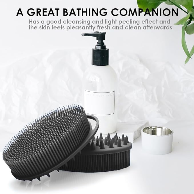 RamPula Silicone Body Scrubber, Silicone Loofah, Quick-Dry Exfoliating Body Brush for Wet or Dry Brushing, More Hygienic Than Traditional Loofah, Long-Bristle Brush, Black and Grey