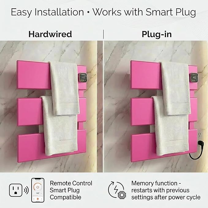 Electric Towel Warmer, Heated Towel Rack with Thermo Control and Timer, Fast Heating Towel Rail for Bathroom with Memroy Function, Work with Smart Plug, Right-Wiring, 3 Panel, Pink