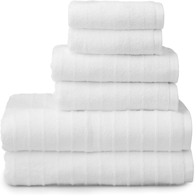 Welhome James 100% Cotton Textured Stripe Towel Set - 6 Piece Set of 2 Bath Towels, 2 Hand Towels, 2 Washcloths, Soft & Absorbent, White