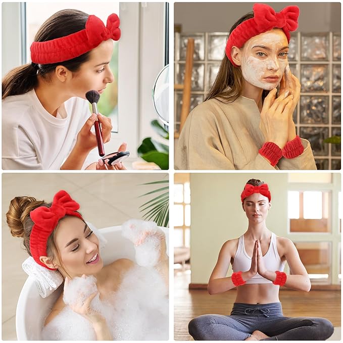 WHAVEL 6PCS Red Spa Headband and Wristbands Set, Valentine's Day Face Wash Headband Wrist Bands for Washing Face Makeup Skincare Hair Band Skin Care Accessories Tools