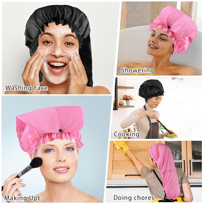 2 Pcs Large Shower Cap for Braids, Extra Long Shower Cap for Women Long Hair & Locs, Waterproof Hair Bonnets for Dreadlocks Drawstring Bath Caps for Women & Men (Black, Pink)