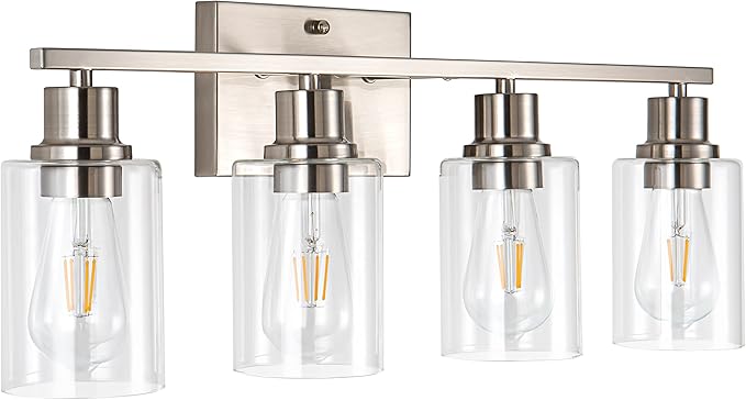 4-Light Bathroom Light Fixtures, Brushed Nickel Vanity Light with Clear Glass Shade, Modern Wall Sconce for Mirror Bedroom Hallway Farmhouse Kitchen