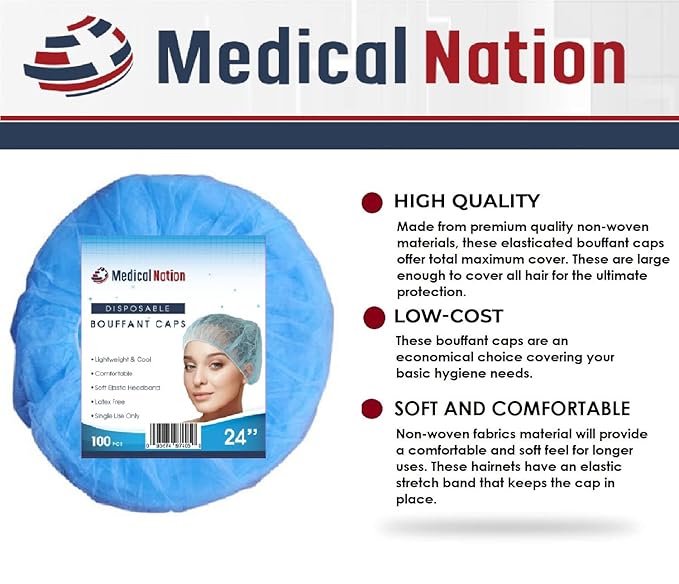 Medical Nation 21" Disposable Bouffant Caps | Pack of 100, Blue | Hairnets, Non-Woven, Non-Pleated Head Hair Covers |For Medical, Labs, Nurse, Tattoo, Food Service, Hospital, Cooking - Size 21" Blue