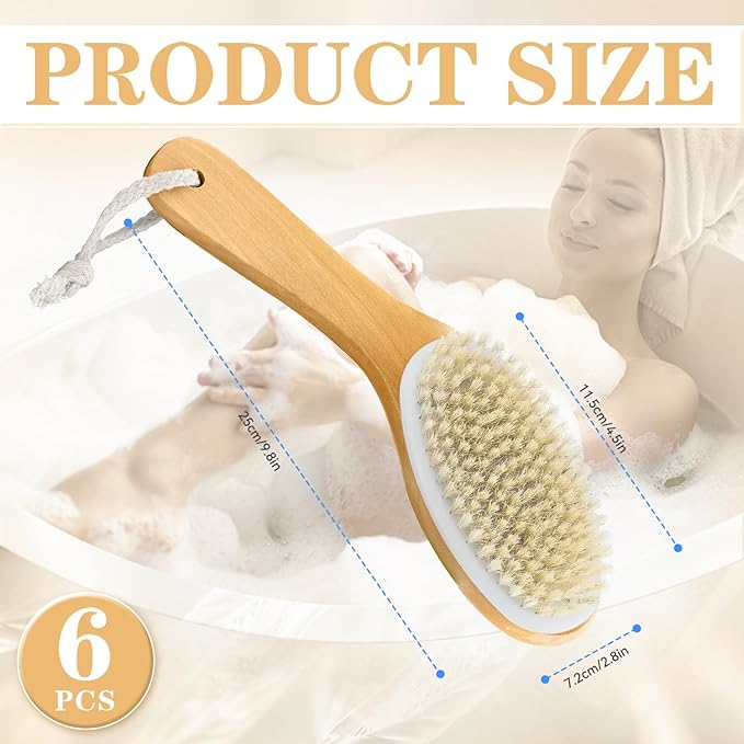 6 Pack Dry Brushing Body Brush, Soft Natural Bristle Exfoliating Dry Brush with Contoured Wooden Handle for Lymphatic Drainage Cleaning Body Skin Care