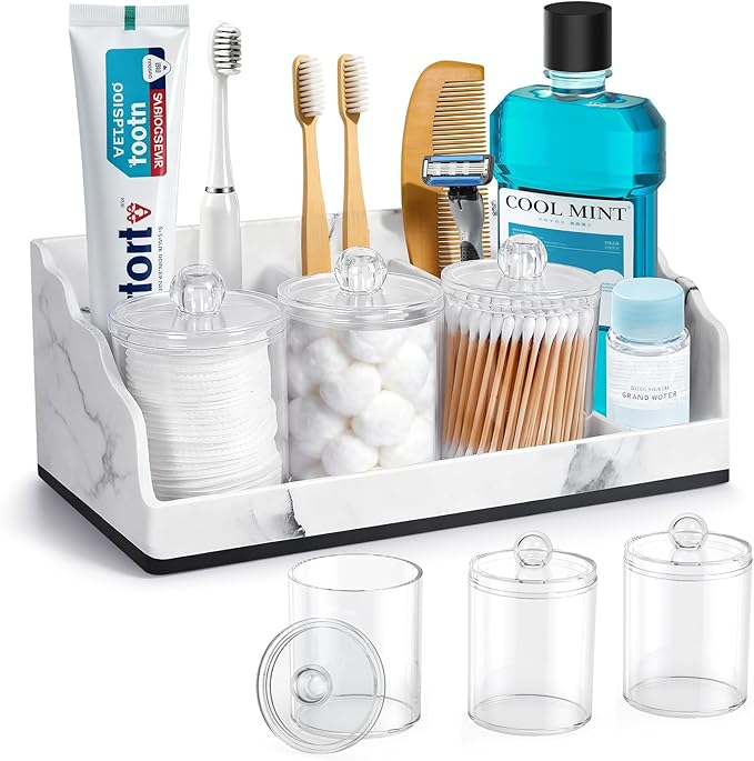 TuCao Bathroom Counter Organizer with 3PCS Qtip Holder, Marble Toothbrush Holders for Bathrooms, Bathroom Organizers and Storage with Drain Holes, Electric Toothbrush Holder, Vanity Organizer
