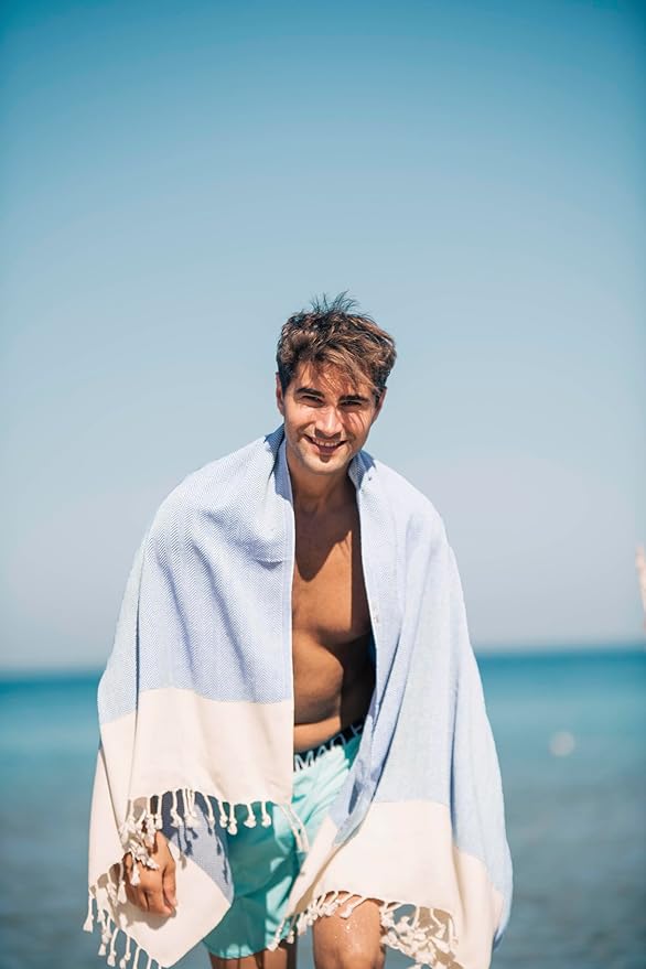 Bazaar Anatolia Turkish Beach Towel 100% Cotton Bath Towels 71x39 Quick Dry Sand Free Lightweight Large Oversized Herringbone Light Blue