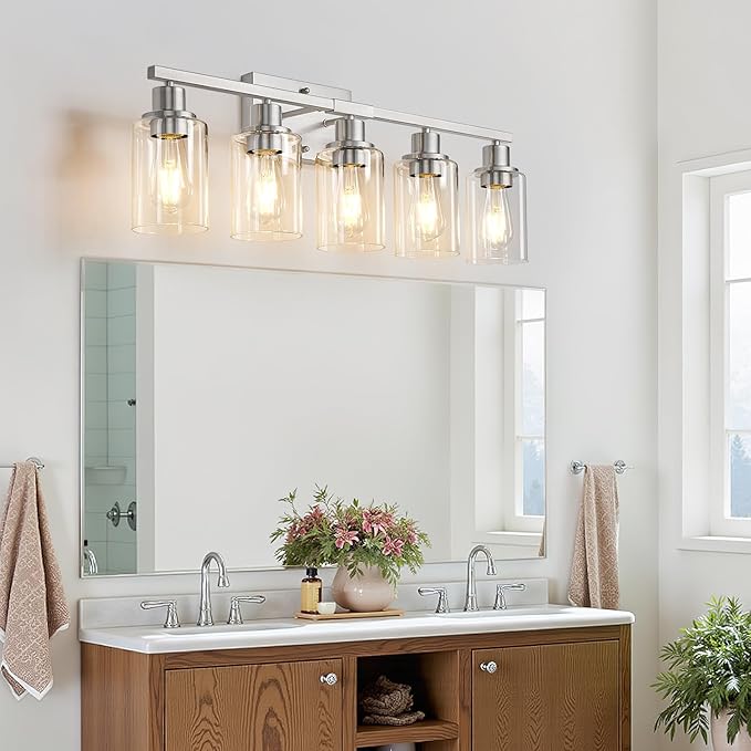MOKATNG 5-Light Bathroom Light Fixtures, Vanity Light with Clear Glass Shades, Brushed Nickel Bathroom Light Fixtures Over Mirror, Modern Bathroom Wall Lamp for Mirror Living Room Cabinet Bedroom