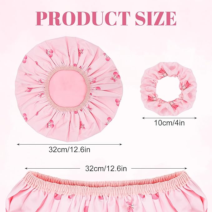 Large Double-Sided Shower Cap for Women, 2-in-1 Reusable Waterproof Cherry Print Bath Cap Pink Mothers Day Gifts from Daughter for Mom Women Girls Long Thick Hair