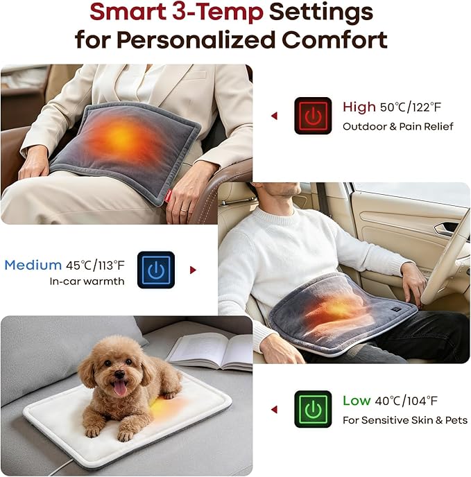 USB Heating Pad for Travel Warmth Outdoors, 5V Small Heated Pad FSA Eligible HSA Non-Rechargeable Heat Therapy for Pain Relief Abdomen Cramps, 3 Heat Settings & Auto Off (16"x 12") Gray