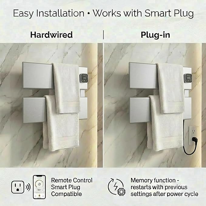 Electric Towel Warmer, Heated Towel Rack with Thermo Control and Timer, Fast Heating Towel Rail for Bathroom with Memroy Function, Work with Smart Plug, Right-Wiring, 2 Panel, Silver