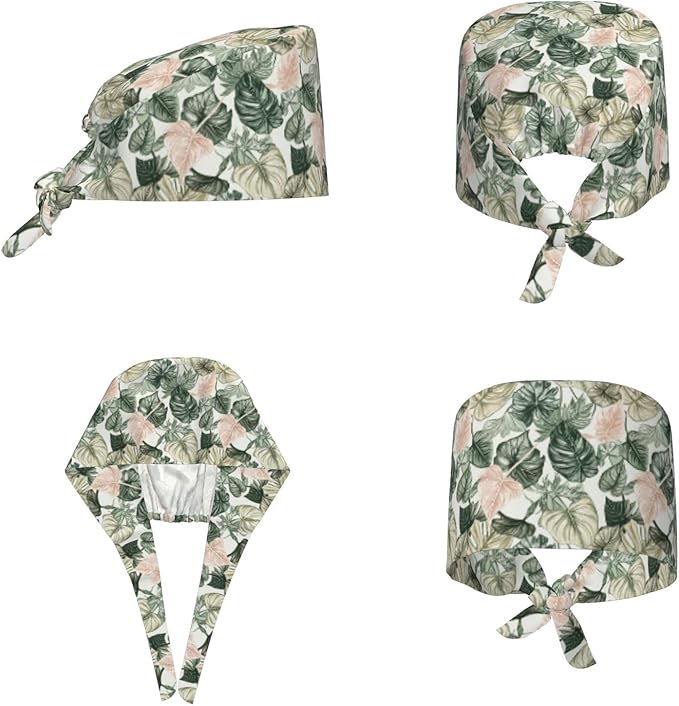 Scrub Cap for Women and Men Boho Black Leaf Pattern Adjustable Breathable Sweatband Hat for Work Kitchen Spa Shower Daily Use
