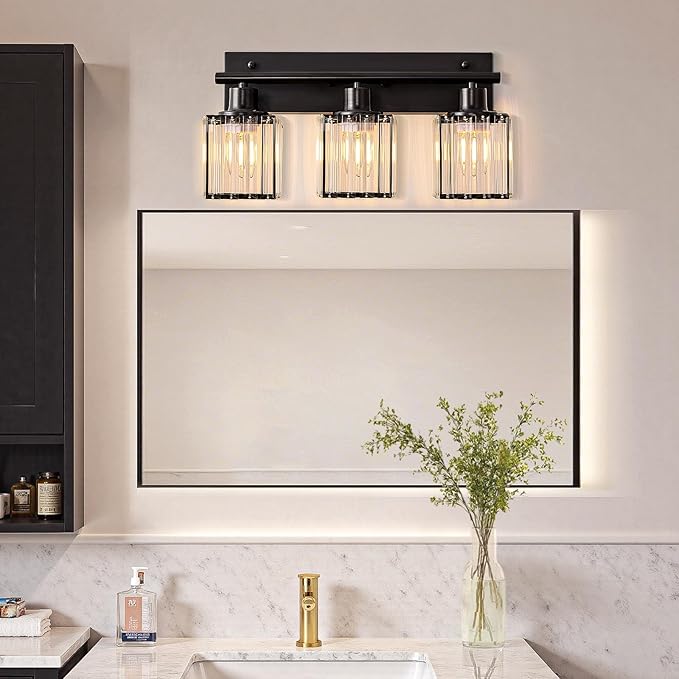 Bathroom Light, 3-Light Modern Crystal Vanity Light, Bathroom Lighting Fixtures Over Mirror Wall Sconces for Powder Room, Living Room, Bedroom, Hallway (Included 3 E26 Bulbs)