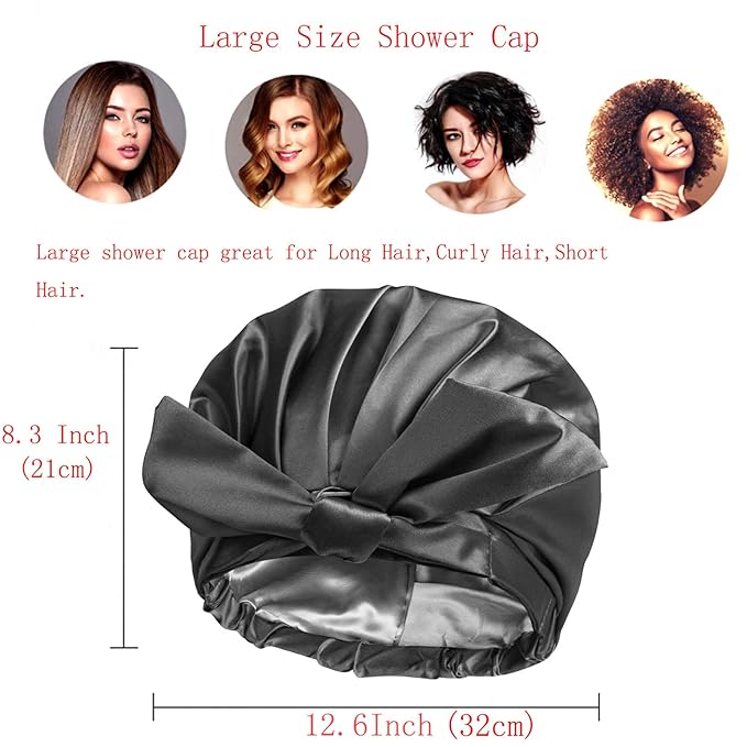 Large Shower Cap for Women Reusable Waterproof Adjustable Shower Caps with Silk Satin Lined Luxury Shower Cap for Long Hair (Black)