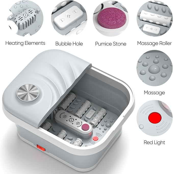 LUBBYGIM New Collapsible Foot Spa Bath with Heat, Foldable Foot Bath Massager with Bubble, Red Light, 6 Shiatsu Massage Rollers, Foot Soaking Tub with Temperature Control for Soft Feet & Relax(Gray)