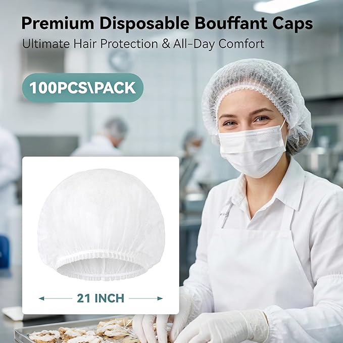 MaopaoBeauty Hair Nets for Food Service Workers -100pcs Disposable Bouffant Caps for Women & Men,Hair Nets for Women Hair Cap Hair Cover for Work -21 inch/White