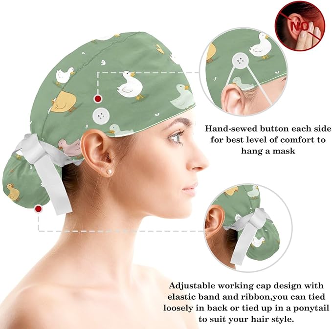 Scrub Caps Women Ponytail Cute Pink and White Leaves Caps Bouffant Working Hat Elastic Tie Back Hats with Button