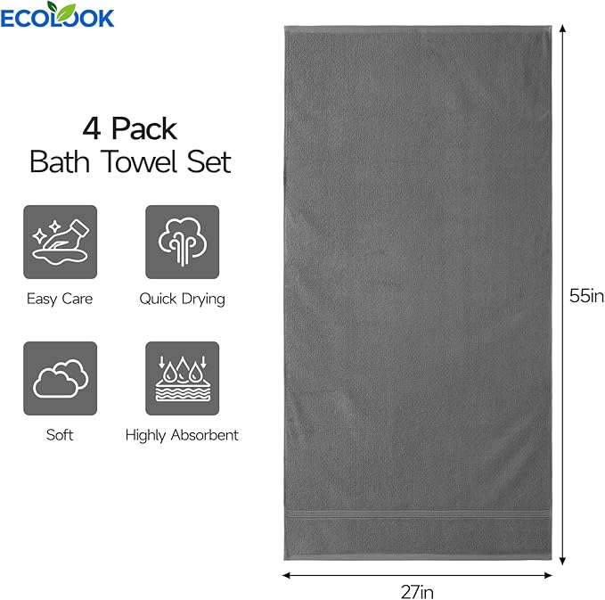 ecolook Bath Towels Set of 4,100% Cotton,27 x 55 Inches,Quick-Drying & Absorbent,Soft,Lightweight Towels for Bathroom,Shower,Spa, Gym & Hotel,Dark Gray