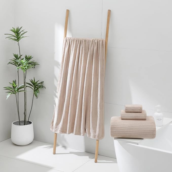 YTYC 39x78 Bath Sheets Extra Large Bath Towels Set for Adults Super Soft Absorbent Striped Microfiber Oversized Bathroom Towels - Beige, 6 PCS
