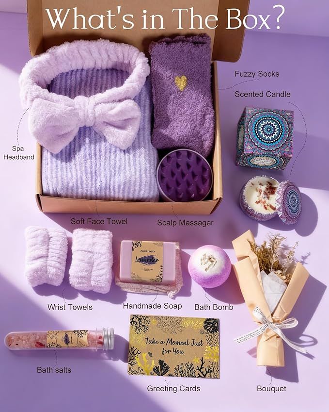 Coralogo Lavender Spa Gift Baskets - Mothers Day Gifts Natural Pampering Spa Set, Self-Care Get Well Soon Basket,Thank You Gifts, Unique 11pcs Gift Set for Women Wife Mom Her Birthday