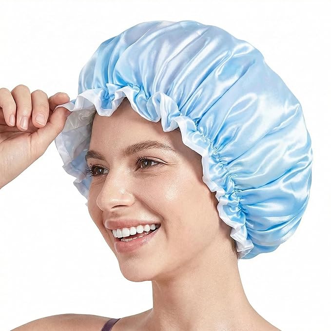Aquior Shower Caps, Reusable Shower Cap for Women, Double Layer Waterproof Hair Cap, Large Size for All Hair Lengths,for Girls Spa Home Salon Use (Blue Cloud)