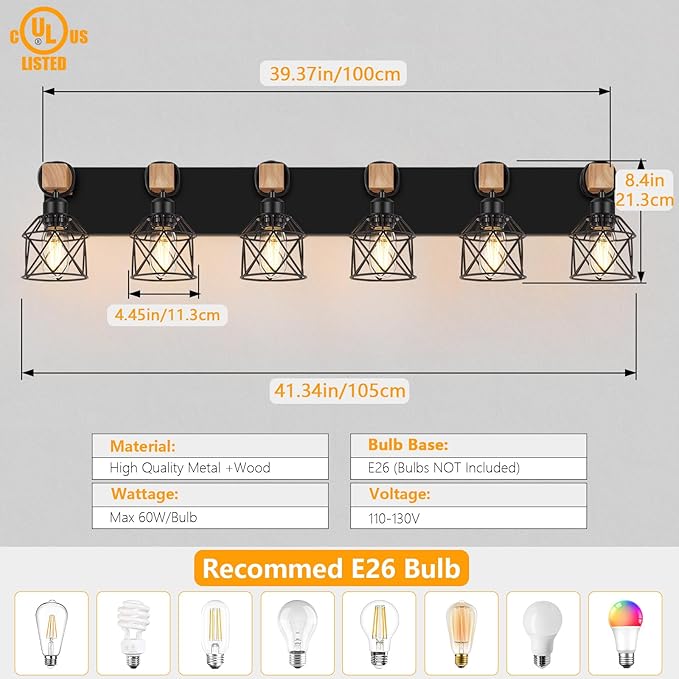 FadimiKoo 6-Light Farmhouse Bathroom Lighting Fixtures, Wood Black Vanity Lights Over Mirror, Rustic Wall Sconces Lighting with Metal Lampshade, Vintage Wall Lights for Bedroom, Living Room, Hallway